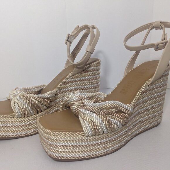NEW- Womens Gianni Bini Platform Wedge Sandals Fabric Ankle Strap Beige - Picture 1 of 6